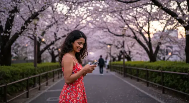 A beautiful woman is scrolling on her phone smiling while walking through the sakura blossoms in Nakameguro, Tokyo.