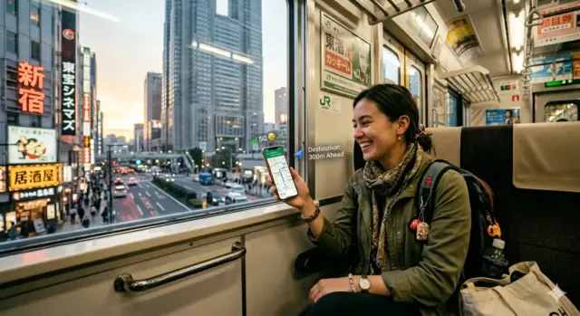 A traveler inside a Tokyo JR train checks her phone's navigation app. Illuminated neon signs for "Shinjuku" and "Toho Cinemas" are visible through the window.