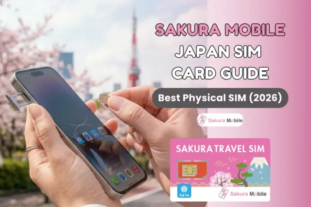 Hand inserting a physical SIM card from Sakura Mobile into a phone with cherry blossoms near Tokyo tower in the background.