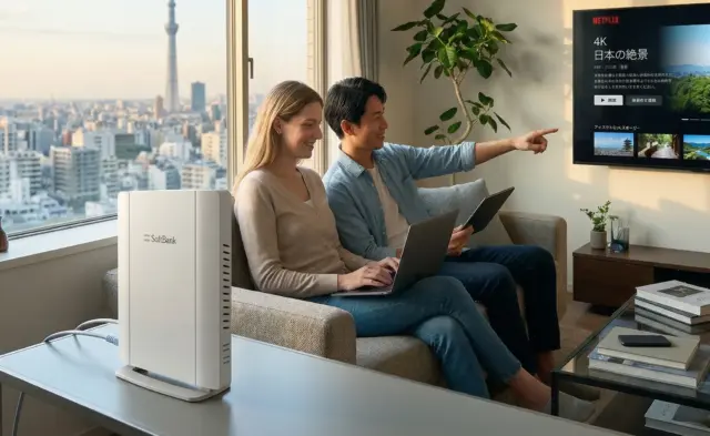 Happy couple in a Tokyo apartment streaming on a laptop with Tokyo Skytree visible through the window.