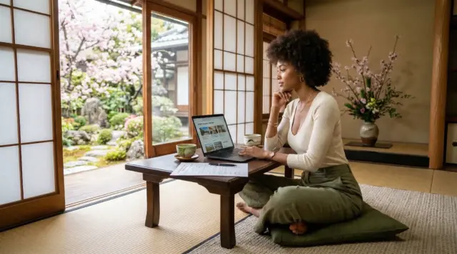 Woman researching fiber internet options on a laptop in a traditional Japanese tatami room with cherry blossoms outside.