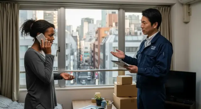 Woman talking on the phone while the NTT worker explains problems with her address and the coverage area in a Japanese apartment.