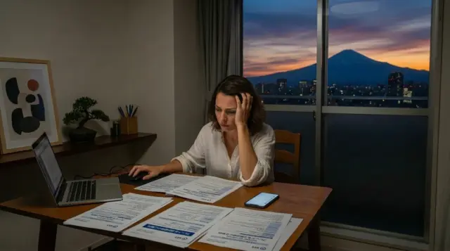 Woman working at a desk with a laptop and documents, looking stressed with Mount Fuji visible through the window.