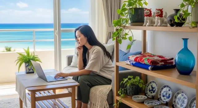 Woman working on a laptop with a view of the ocean and Japanese decor in her home.