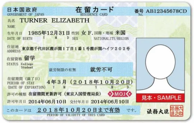 Front side of a Japanese Residence Card (Zairyu Card) for a student, showing name, birth date, address, status, and a placeholder photo.
