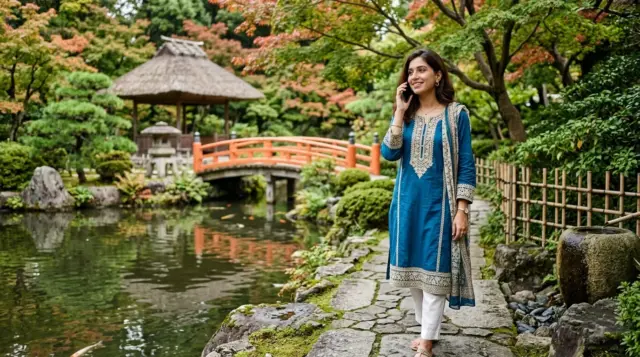 A woman is making a phone call while walking through a beautiful traditional garden in Japan.