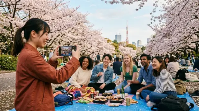 Diverse group of friends enjoying a cherry blossom picnic in a Tokyo park, taking photos with a smartphone.