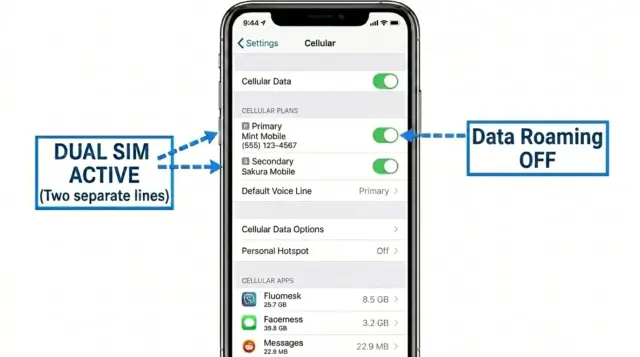 iPhone Cellular settings showing dual SIM active with two separate lines, with both the primary and secondary lines on, with the primary line's data roaming OFF.