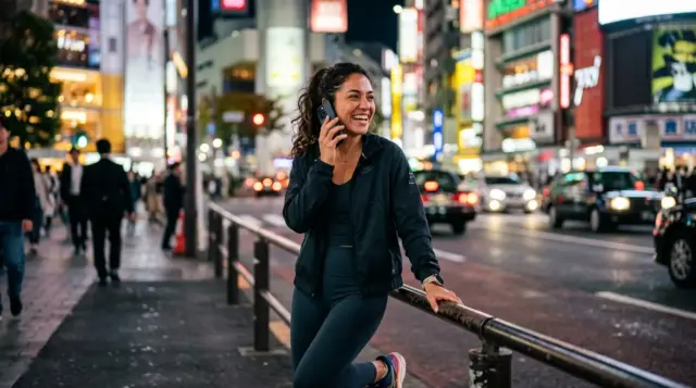 Foreign woman making a phone call on a busy Tokyo street at night.