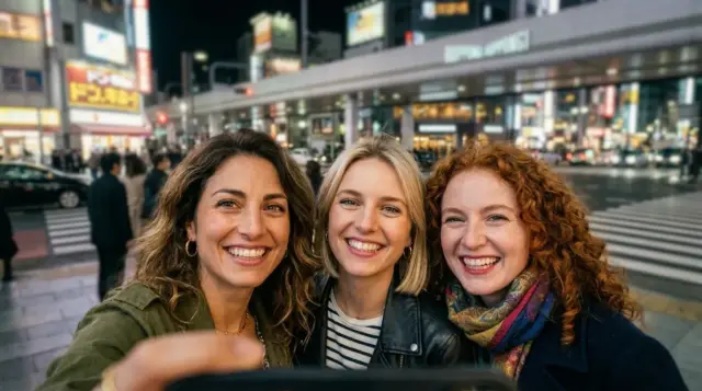Foreign women taking a selfie in front of the main Roppongi crossing in Tokyo.