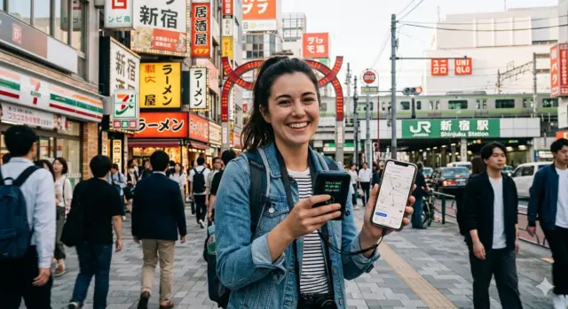 A happy traveler holding a smartphone and a Pocket WiFi device while navigating a busy street near Shinjuku Station in Tokyo.