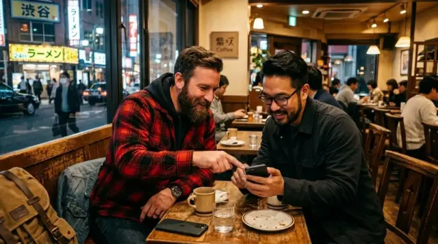 Foreign men in a Tokyo café helping each other with their phones.