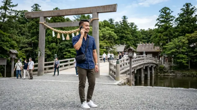 Man making a phone call at a Japanese shrine with a wooden torii gate in the background.