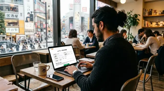Foreign man pausing his au mobile plan on a laptop in a Tokyo café.
