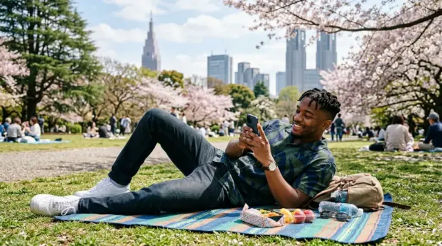 Man relaxing on the grass under cherry blossom trees in a Tokyo park, using his smartphone.