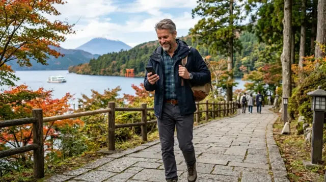 Man using a smartphone on a scenic path near Lake Ashi with Mount Fuji in the background
