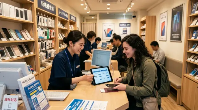 Japanese mobile shop staff helping a foreign customer sign up for a SIM card plan.