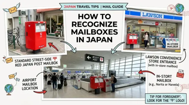 Collage of Japan Post mailboxes showing a street-side red box, a Lawson store entrance, and an airport postal counter to help travelers identify them.