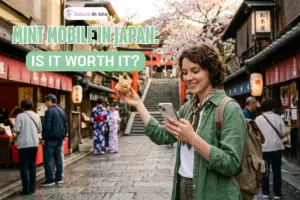 A traveler using a map on her phone while holding a snack on a historic street in Kyoto with cherry blossoms.