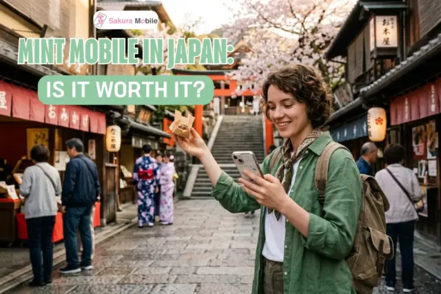 A traveler using a map on her phone while holding a snack on a historic street in Kyoto with cherry blossoms.