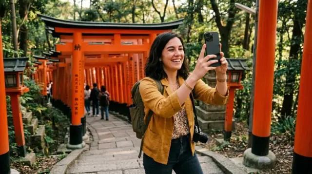 A happy traveler uses her smartphone to take a photo on a path line with red torii gates at a shrine in Japan.
