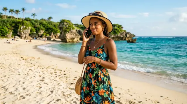 Woman on a phone call standing on a beach in Okinawa, Japan.