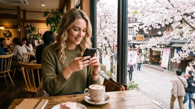Foreign woman taking a picture of her sakura latte in Japan with blooming cherry blossoms seen through the window.