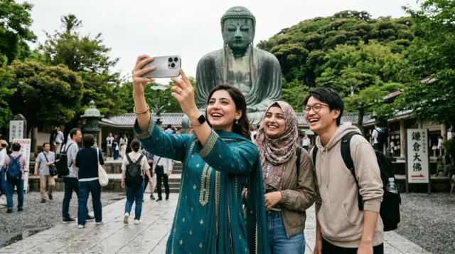 Woman taking a selfie in front of the Great Buddha statue in Kamakura, Japan