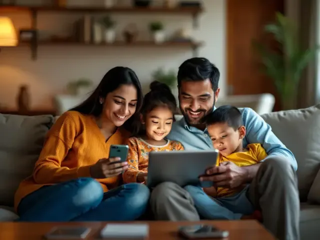 Family of four using a tablet together on a couch in a cozy living room.
