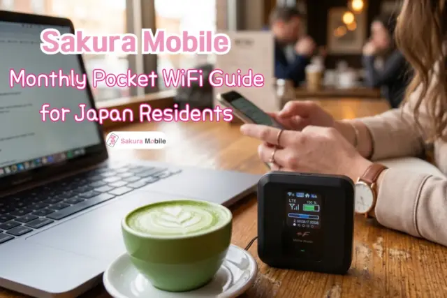 Person working on a laptop in a Tokyo cafe using a Sakura Mobile Monthly Pocket WiFi device.