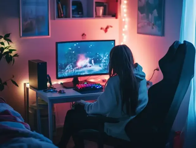 Woman gaming at desktop PC with RGB lighting in cozy night-lit room.