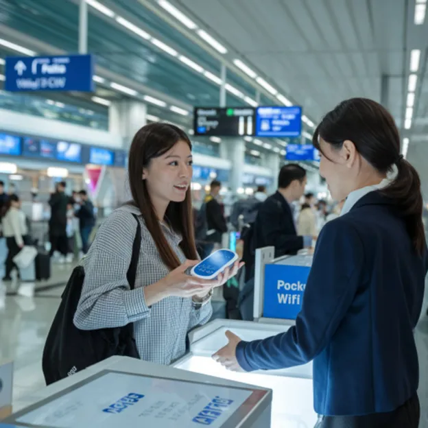 A customer stands at an airport counter, holding a portable WiFi device and speaking with a staff member about the service.