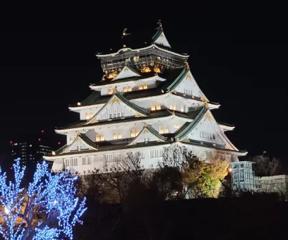 Low angle of Osaka Castle at night with illuminations