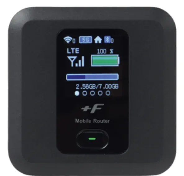 A close-up of a Sakura Mobile Pocket WiFi displaying signal strength, battery life, and data usage statistics on its screen.