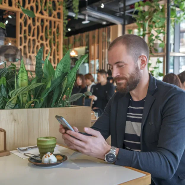 A man with a beard sits at a Tokyo cafe table with a matcha drink and dessert, looking down at his smartphone screen.