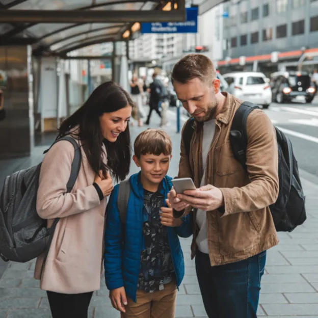 A family stands at a bus stop outside their Japan hotel, looking together at a smartphone screen, checking directions.