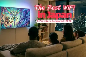 Family watching TV together in modern Tokyo apartment at night.