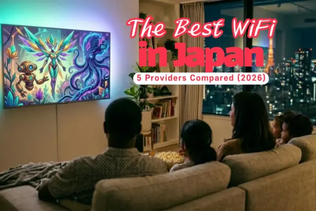Family watching TV together in modern Tokyo apartment at night.