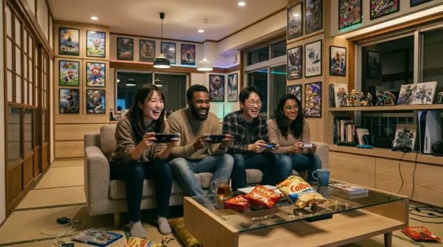 Friends playing online video games on couch in cozy living room with snacks.