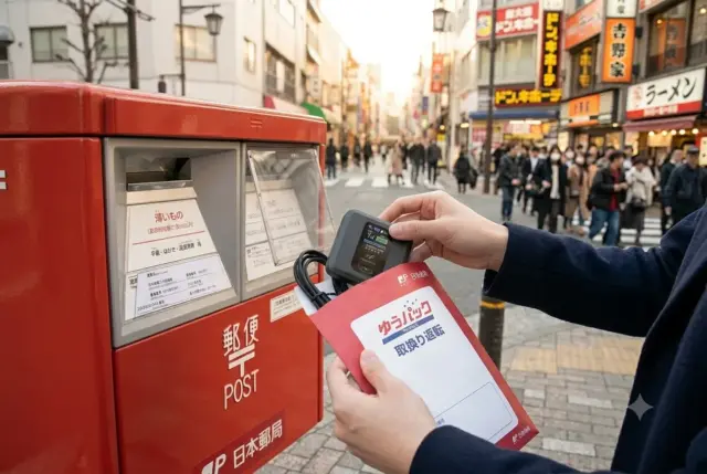 Returning a Japan Pocket WiFi device in a red Yu-Pack envelope at a Japan Post mailbox.