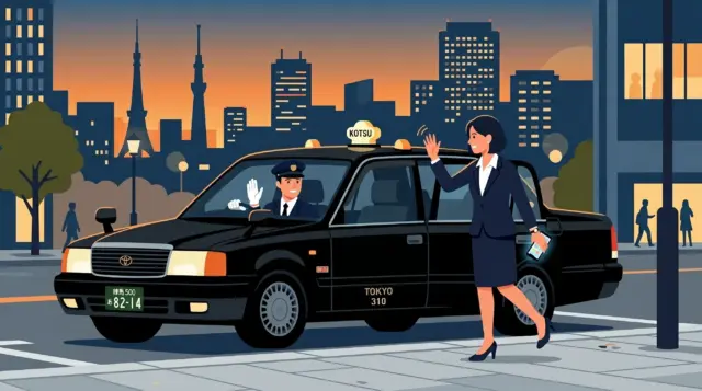 An illustration of a woman hailing a black taxi in Tokyo.
