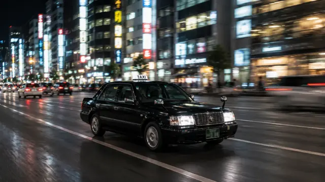 A black taxi driving through a Japanese street.
