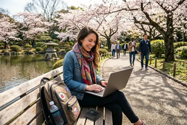 Woman using a laptop and Pocket WiFi on a bench in a Japan park with blooming cherry blossoms.