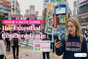 Student looking at her phone in a busy Shibuya crossing scene with a Sakura Mobile Voice and Data SIM card.