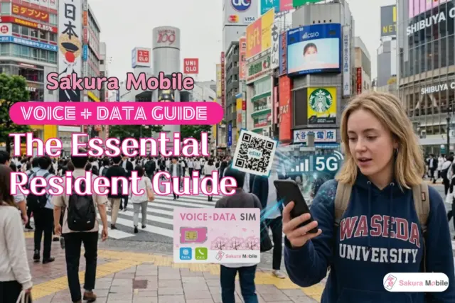 Student looking at her phone in a busy Shibuya crossing scene with a Sakura Mobile Voice and Data SIM card.