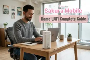 Man working on a laptop at a desk connected using a Sakura Mobile router sitting on desk.