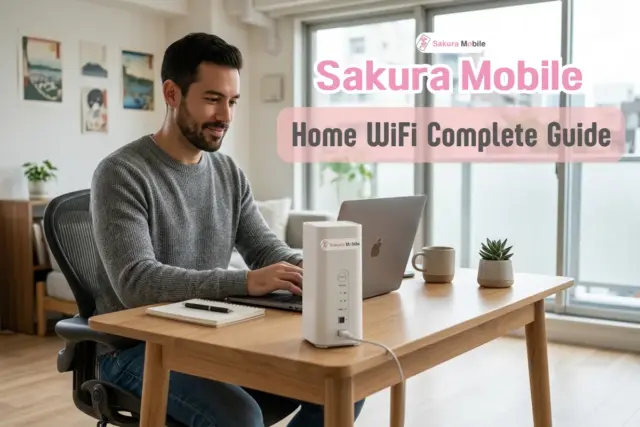Man working on a laptop at a desk connected using a Sakura Mobile router sitting on desk.