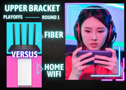 Esports graphic showing a female gamer with a headset comparing Fiber versus Home WiFi.