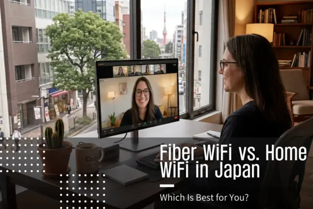 A woman with glasses in a home office near a window with a view of Tokyo Tower during a video conference.