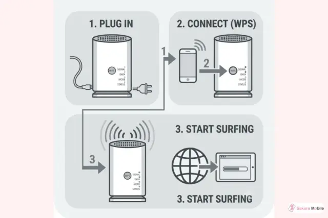 Diagram showing 3 simple steps to set up Sakura Mobile Home Internet: plug in, connect via WPS, and start surfing.